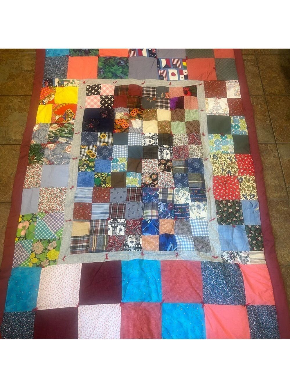 Vintage Handmade Colorful Patchwork Quilt Red Edging 52x74” Cottage Core